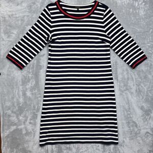 Talbots Women’s Large Navy White Stripe Red Trim Knit Shift Dress Cotton